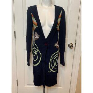 Lia Molly Long Navy Blue & Multicolor Bird Embroidered Hooded Cardigan, Size XS